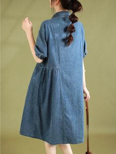 Material: 100% Cotton Collar: Turn-down Collar Pattern: Solid Sleeve Type: Raglan Sleeve Sleeve Length: Short Sleeve Length: Knee-Length Highlight: Button, Drawstring Season: Summer Loose Denim Dress, Denim Dress Summer, Summer Luxury, Korean Summer, Dresses Ladies, Denim Dresses, Luxury Clothes, Collar Pattern, Summer Style Casual