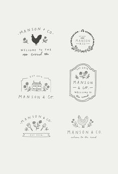 the logos for many different businesses are drawn in black and white, with flowers on them