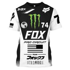 a white shirt with the words fox pro circuit printed in black and green on it