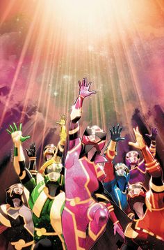 a group of superheros standing in front of the sun with their arms raised up