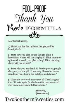 a thank note with the words fool - proof, thank you note formula