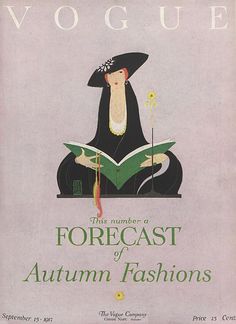 an advertisement for a fashion show featuring a woman in a black dress and hat sitting on a book