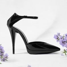 Ankle Strap Closure, 120mm, Tapered Heel, 3/4” Platform. Sleek Court Shoes With 4-inch Open Heel, Sleek Court Shoes With Wrapped High Heel, Cocktail Court Shoes With 4-inch Heel, Sleek High Heels With Contrasting Heel Counter, Chic Court Shoes With Heel Strap For Night Out, Luxury Patent Leather Heels For Cocktail, Chic Ankle Strap Court Shoes For Formal Occasions, Sleek 4-inch Heels For Evening, Luxury Heels With 4-inch Heel