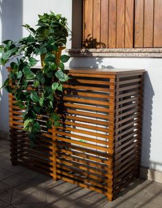 a potted plant sitting on top of a wooden slatted cabinet next to a window