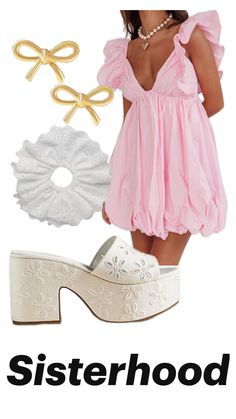 recruitment outfit inspo, white heels, gold earrings, white scrunchy Good Clothing Brands, Sorority Dresses