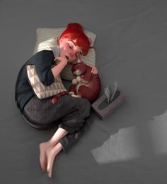 a red haired woman laying on top of a bed next to a teddy bear