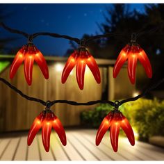 christmas lights are hanging on a string outside