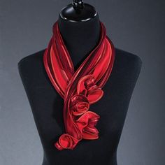 Handcrafted from silk satin and silk organza by Tammy, exclusively for Uno Alla Volta, this scarf wows in rich shades of red and black. Its organic, twisting shape makes a unique statement. Approx. 32'' long. Murano Glass Necklaces, Murano Glass Jewelry, Wire Necklace, Silk Organza, Fashion Sale, Glass Necklace, Shades Of Red, Glass Jewelry, Red And Black