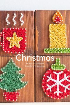 four christmas ornaments made out of string on wooden boards with text overlay that reads, christmas string art patterns