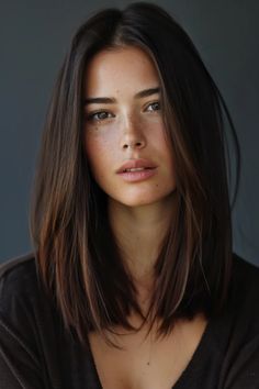 Portrait of a woman with shoulder-length brown hair and freckles, gazing slightly away from the camera with a neutral expression. Brunette Summer Hair Color, Brunette Summer Hair, Summer Hair Color Ideas, Mid Length Hair, Summer Hair Color, Charlize Theron, American Beauty, Summer Hair