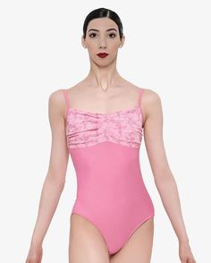 Add a dainty pink floral leotard to your collection! Fitted Lace Bodysuit With Spaghetti Straps, Fitted Ballet Bodysuit With Built-in Bra, Fitted Ballet Leotard With Built-in Bra, Fitted Lace Camisole Bodysuit, Lace Camisole Fitted Bodysuit, Pink Fitted Bodysuit With Adjustable Straps, Elegant Sleeveless Stretch Leotard, Fitted Pink Bodysuit With Adjustable Straps, Pink Stretch Leotard For Dance