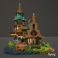 an image of a house made out of wood and bricks with grass on the ground