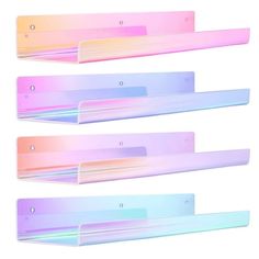 three pastel colored shelves are shown against a white background