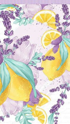 a painting of lemons and lavender on a white background