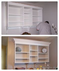 there are two pictures of the same white bookcase, and one is being painted