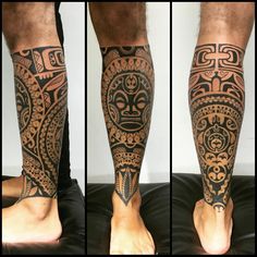 the legs and ankles of a man with an elaborate tattoo design on his leg, in three different angles