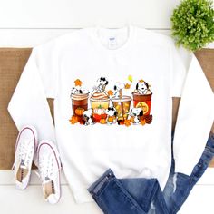 Super Cute Sweatshirt. On Gildan Adult Unisex 50/50 White Tee Sweatshirt. Made With Sublimation. Ships Within 3 Business Days. Snoopy Sweatshirt, Halloween Snoopy, Cute Snoopy, Fall Coffee, Autumn Coffee, Cute Sweatshirts, Cute Tshirts, White Tee, 50 50