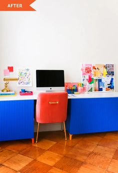 a desk with a computer on it in front of a wall that says diy ikea desk hack