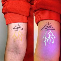 two wrist tattoos with lightning and cloud designs on both sides of their arms, one is yellow and the other is blue