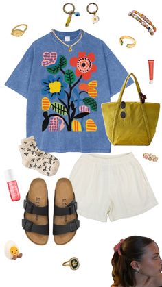 graphic tee, cotton shorts, birkenstocks, cozy socks, gold jewelry, beaded jewelry, summer jewelry, short hair, ribbon, baggu cloud bag, sol de janeiro 40 Short Hair Ribbon, Beaded Jewelry Summer, Cloud Bag, Jewelry Summer, Hair Ribbon, Cozy Socks, Jewelry Beaded, Everyday Outfit