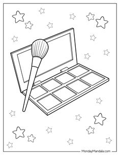 a coloring page with a makeup brush and palette