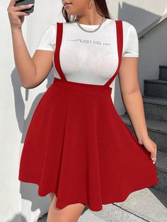 mais Saia geral sólido sem camiseta Vermelho Casual   Tecido de malha Simples Avental Elasticidade Média  Women Plus Clothing, size features are:Bust: ,Length: ,Sleeve Length: Chiffon Dress Casual Nigeria, Style Salopette, Suspenders Skirt, Black Suspenders, Overall Skirt, Rock Outfit, Suspender Skirt, Plus Size Skirts, Overall Dress