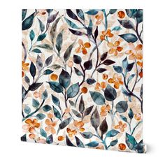 an abstract painting with leaves and flowers on white canvas wall art print featuring orange, blue, green, yellow colors