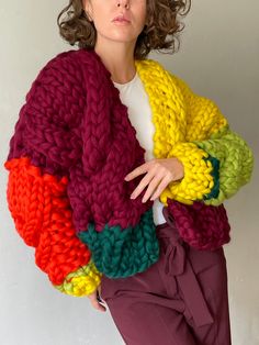 Custom Hand knitted Colorblock Cardigan for Women. Extra soft and extra warm 100% merino wool. It's Wine, Emerald, Greenary, Tomato, Carrot, Lemon colorblock on photo. Also, you can choose any color from our pallete ( look at last photo) and write it in comments to your order or message us. Size S: Chest - 88 cm Hip - 96 cm Height < 164 cm Size M: Chest - 92 cm Hip - 100 cm Height 164 - 170 cm Size L: Chest - 100 cm Hip - 108 cm Height 170 - 176 cm If you want to place an order, but you have a d Chunky Cardigan Sweater, Colorblock Cardigan, Trendy Cardigans, Chunky Sweater Cardigan, Cardigan For Women, Finger Knitting, Color Block Cardigan, Chunky Cardigan, Chunky Crochet