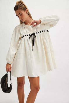 Tea Time Mini Dress | Free People Embroidered Tunic Dress, Free People Mini Dress, Flowy Mini Dress, Embroidered Tunic, Long Puff Sleeves, Dress Lace, Babydoll Dress, Free People Dress, Dress With Bow