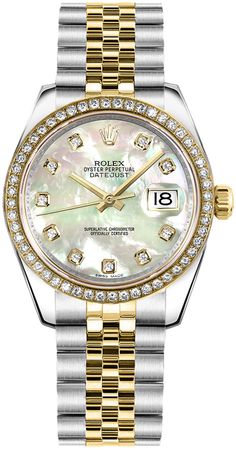 Model # 178383 | M178383-0008 ROLEX DATEJUST 31 LUXURY WOMEN'S WATCH Store Display Model (What's This?) - With Manufacturer Serial Numbers - Swiss Made - Mother of Pearl White Dial Set with Diamonds - Diamond Hour Markers - Solid 18k Yellow Gold Domed Diamond Bezel     46 Diamonds Set on Bezel - Cyclops Lens Date Feature     Instantaneous Date with Rapid Setting Feature - Stop-seconds Feature for Precise Time Setting - 48 Hour Power Reserve - Self-winding Automatic Movement     COSC Superlative Chronometer Certified - Rolex Caliber 2235 - Vibrations Per Hour: 28,800 - Jewels: 31 - 6 Year Warranty - Guaranteed Authentic - Certificate of Authenticity - Manufacturer Box & Manual - Brushed with Polished 904L Oystersteel Stainless Steel Case - Brushed 904L Oystersteel Stainless Steel with Polis Rolex Women, Silver Pocket Watch, Swiss Army Watches, Watches Women, Old Watches, Invicta Watches, Women's Watches, Seiko Watches, Pearl Diamond