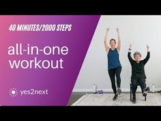 two women doing exercises in front of a white wall with the words all - in - one workout