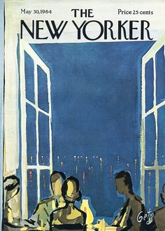 an advertisement for the new yorker, with people sitting at a table in front of a window