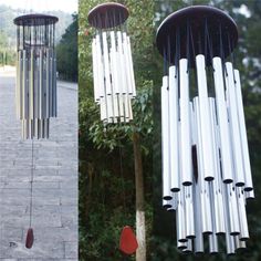 three different types of wind chimes hanging from trees