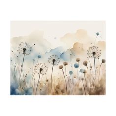 an abstract painting of dandelions and clouds in the sky with watercolor on paper