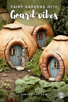 Fairy garden made with natural materials, gourd fairy houses with round wooden doors Spooky Fairy, Whimsical Fairy Garden, Pumpkin Fairy House, Fairy Garden Ideas, Fairy Village, Whimsical Fairy, Garden Whimsy