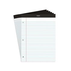 three lined notepads with black and white lines on each side, one is blank