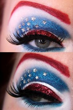 From patriotic makeup to red, white, and blue shoes, Pinterest gives head to toe tips on July Fourth fashions. Captain America Makeup, America Makeup, Patriotic Makeup, Superhero Makeup, July Makeup, 4th Of July Makeup, Make Carnaval, Make Up Designs, Woman Makeup