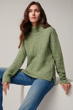 Fall in love with Autumn all over again with the crisp, classic fit and richly textured Alaina mock neck sweater. Weaving right into the color palette of the colder seasons, this pullover boasts a chunky basketweave stitch that buffers even the briskest of days, making it your go-to sweater for a chilly walk in the pines. The marled coloration creates visual depth and all-over textural interest. Tidy ribbing down the sides and at the mock neck, cuffs, and vented hip-length hem make for a clean f Textured Knit Turtleneck With Funnel Neck, Casual Textured Winter Sweater, Casual Textured Sweater For Fall, Spring Textured Knit Sweater With Funnel Neck, Basketweave Stitch, The Pines, Cold Season, Mock Neck Sweater, Cotton Sweater