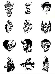 various black and white images of people with tattoos on their faces, including skull heads