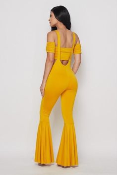 yellow gold tie up bandeau top and high waist flare leg jumpsuit Spring Flare Fitted Jumpsuits And Rompers, Fitted Overalls For Spring Night Out, Trendy Stretch Wide Leg Jumpsuits And Rompers, Trendy Off-shoulder Jumpsuits And Rompers For Spring, Spring Overalls For Night Out, Chic Flare Jumpsuits And Rompers For Spring, Chic Spring Flare Jumpsuits And Rompers, Chic Two-piece Jumpsuit And Romper Set For Spring, Chic Solid Color Two-piece Jumpsuit And Romper