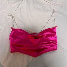 Hot Pink Silk Top With Beautiful Back And Silver Straps, Never Worn Party Pink Crop Top With Straps, Pink Crop Top With Built-in Bra, Cropped Pink Tank Top With Built-in Bra, Pink Sleeveless Y2k Crop Top, Pink Sleeveless Crop Top With Built-in Bra, Pink Silk Top, Satin Bra, Hot Pink Tops, Bra Top