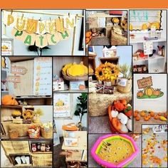 a collage of pictures with pumpkins and other items