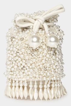 Ivory bucket bag with all over multi sized pearl and crystal embroidery. - Aza Fashions Eid Party, Crystal Embroidery, Diana Penty, Cocktail Reception, Luxury Sale, Ivory Pearl, Embroidered Bag, Deepika Padukone, Modern Bride