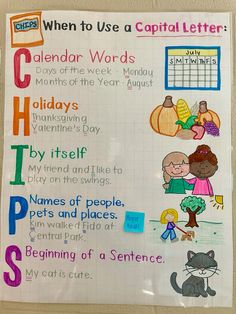 a poster with words and pictures on it that say, when to use capital letters