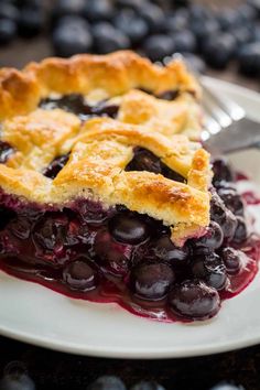 a slice of blueberry pie on a white plate