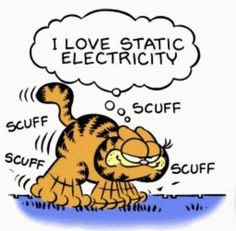 a cartoon cat is saying i love static electricity with the caption scufff