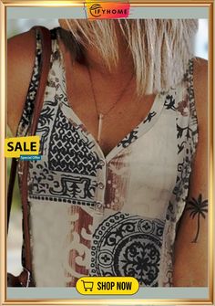 Ethnic Sleeveless Buttoned V Neck Casual Tanks Bohemian Printed Tank Top, Casual Sleeveless Boho Print Tops, Bohemian Printed Tank Top For Vacation, Patterned Printed Tank Top For Beach, Bohemian V-neck Tank Top For Beach Season, Bohemian Printed Tank Top For The Beach, Bohemian Crochet Tank Top For Vacation, Bohemian Sleeveless Tank Top For Beach, Sleeveless Boho Print Beach Tops