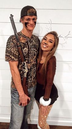 Bambi Couple Costume, Cute Easy Couples Halloween Costumes, Country Costumes For Couples, Couple Deer And Hunter Costume, Deer Snd Hunter Costume, Hunting Costume Ideas, Hunting Couple Halloween Costumes, 2 Man Halloween Costume, Hunter Deer Couple Costume