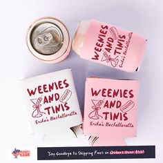 three pink and white coasters sitting next to each other with the words weenies and twins on them