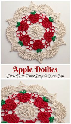 crochet apple doilies with red and green leaves on the top, bottom and bottom